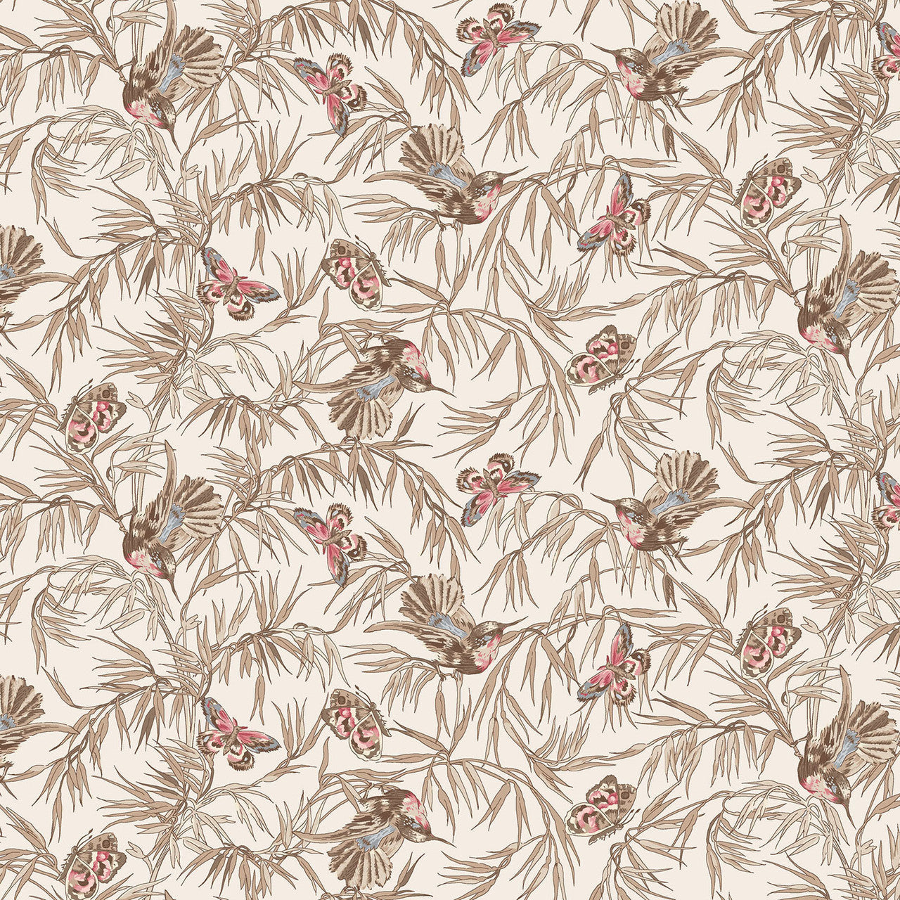 Birds and Butterflies White Meadow Blush Cotton Fabric