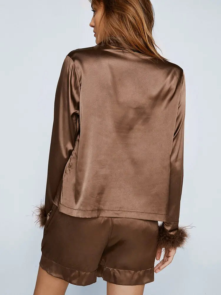Pijamas Linad Feathers para Mujeres - Conjunto de Manga Larga Marrón