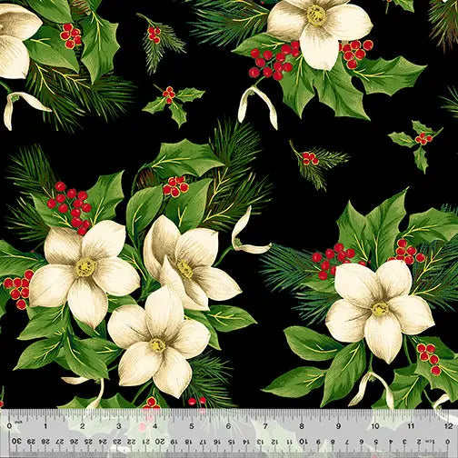 Tela de algodón Black Christmas Blooms Wideback por yarda