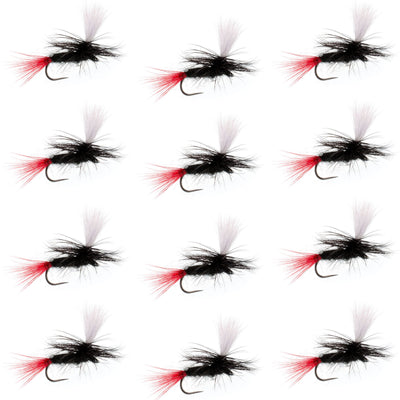 Mouches à saumon sans ardillon Parachute Black Gnat à queue rouge - Taille 14 (12 mouches)