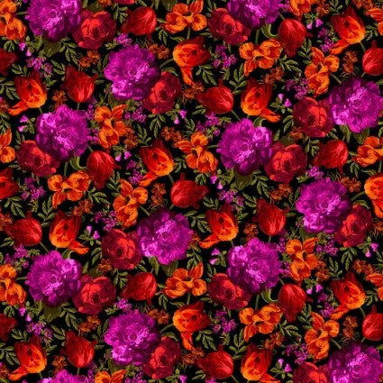 Black Hot Midnight Floral Cotton Wideback Fabric