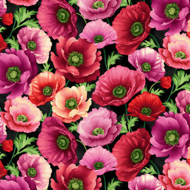 Tela de Algodón Black Poppies Blissful Blooms - 43"/44" por Yarda