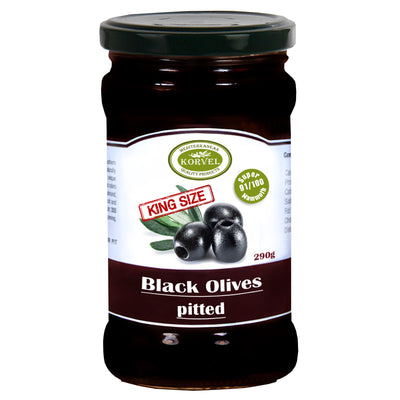 KORVEL Greek Black Pitted Halkidiki Olives, Super Colossal, 10.65 oz.