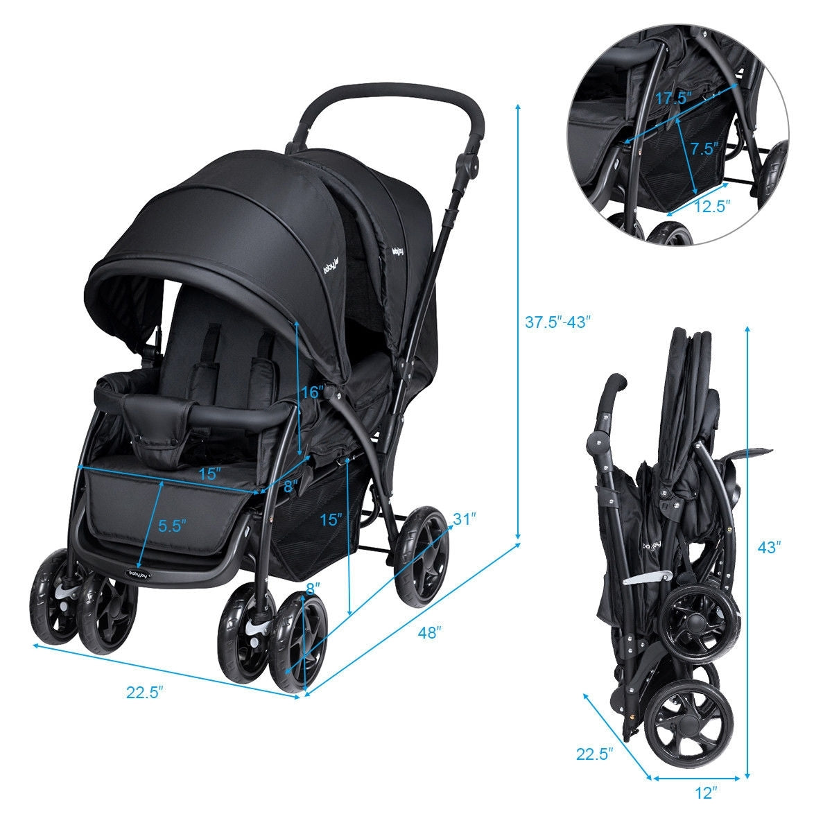 Foldable Lightweight Double Baby Stroller - Black