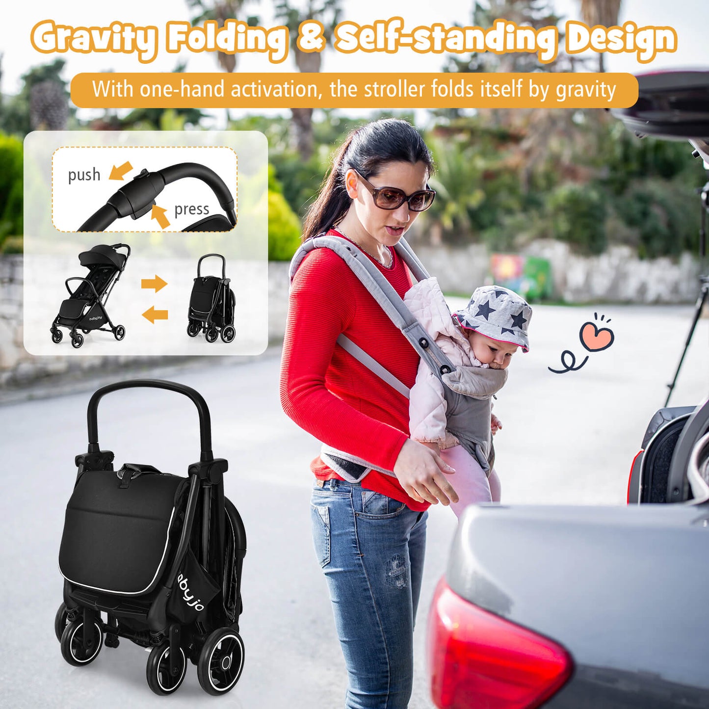 One-Hand Folding Portable Lightweight Baby Stroller - Black