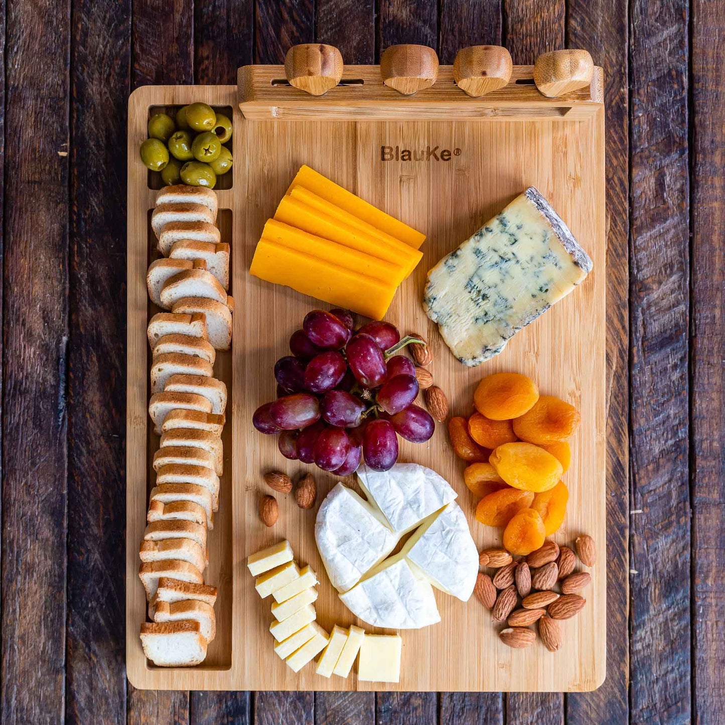 Premium Bamboo Cheese Board & Knife Set – 14" x 11" Charcuterie Serving Tray - Korvel