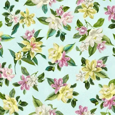 Tela de algodón de fondo ancho floral en aqua azul por yarda