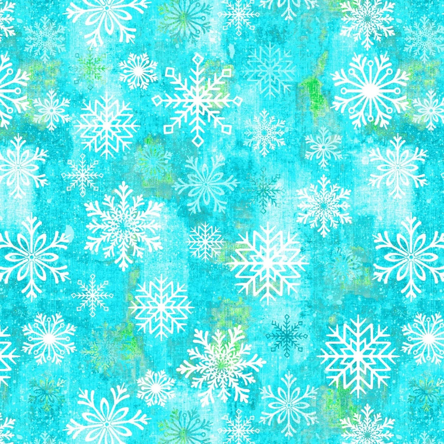Tela de algodón de fondo ancho con puntos de copo de nieve azul caribeño