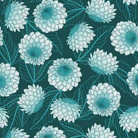 Tela de Algodón de Dalias Teal Oscuro - 44"/45" Por Yarda