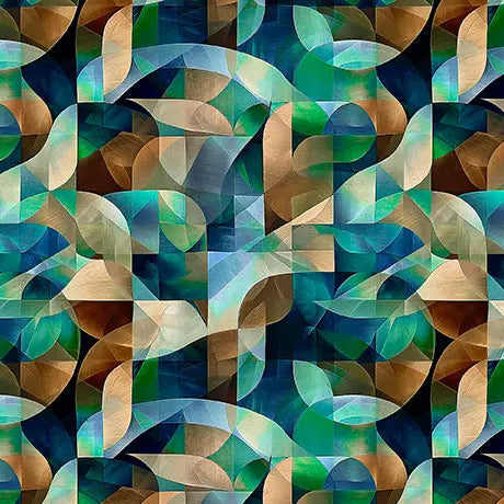 Blue Green Teal Kaleidoscope Geo Cotton Wideback Fabric
