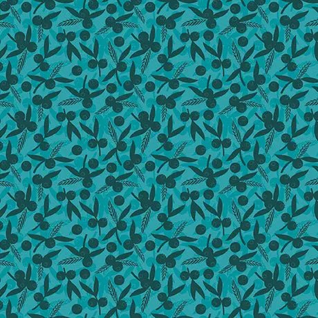 Teal Dahlias at Dusk Leaf & Berries Silhouettes Cotton Fabric