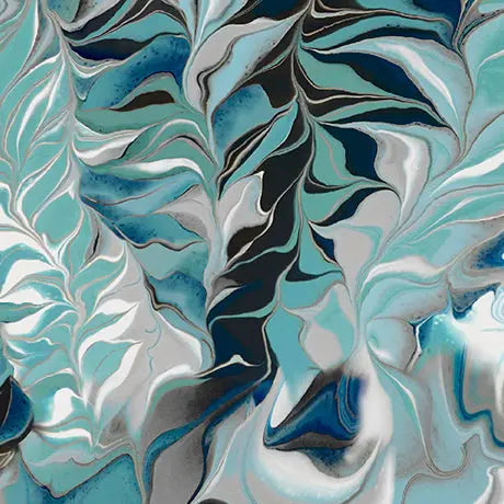 Tela de algodón con diseño de helecho fluido en azul, verde y turquesa - 44"/45" por yarda