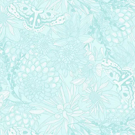 Light Aqua Dahlias at Dusk Floral Cotton Fabric - 44"/45" Per Yard
