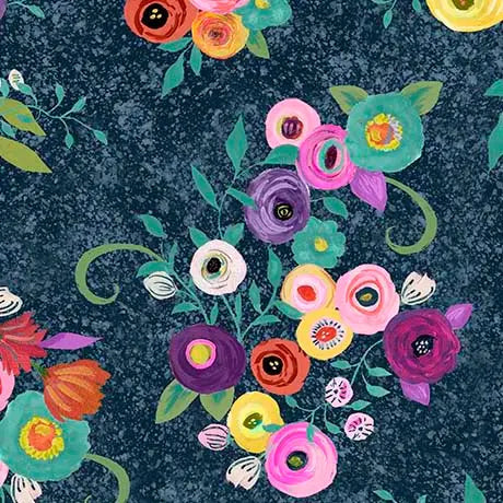 Tela de Algodón Floral Acuarela Azul Marino - 44"/45" por Yarda