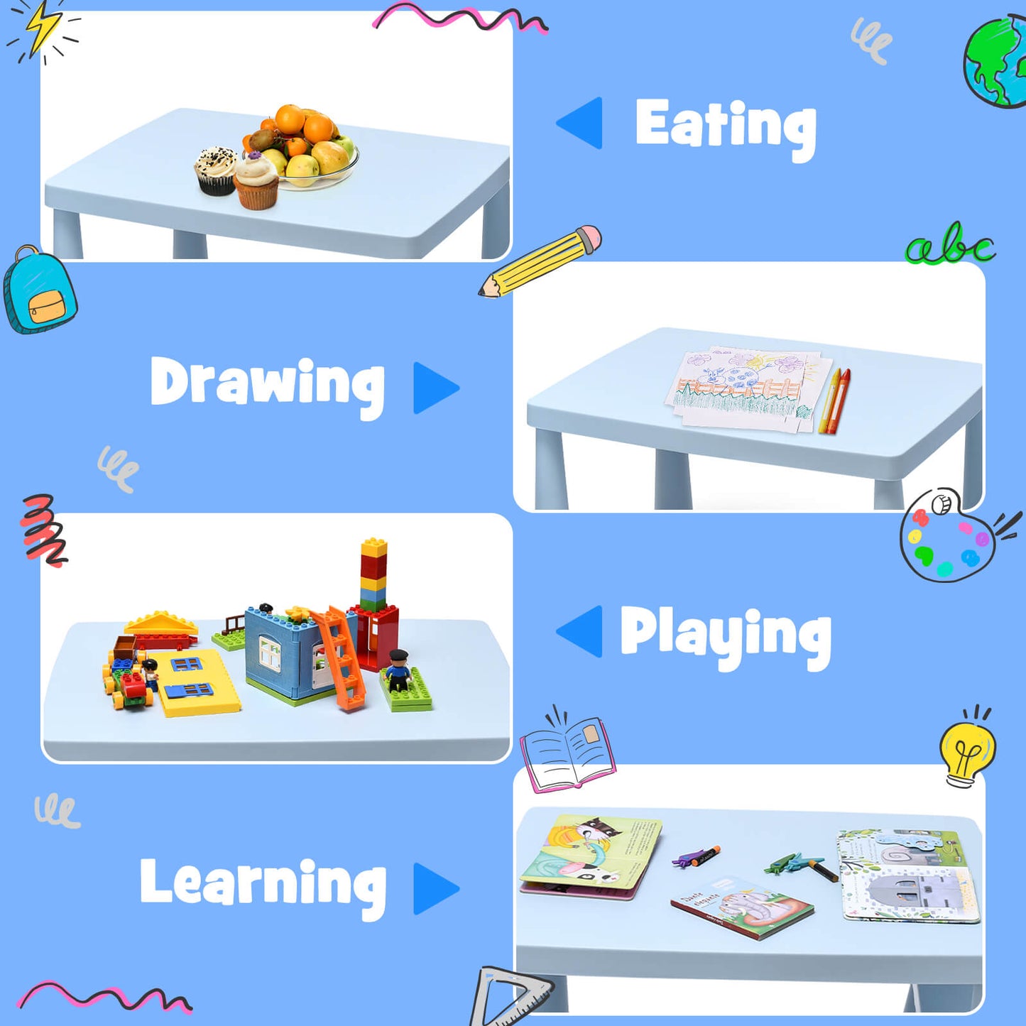 Juego de Comedor y Estudio Multi-Actividad para Niños de 3 Piezas - Azul