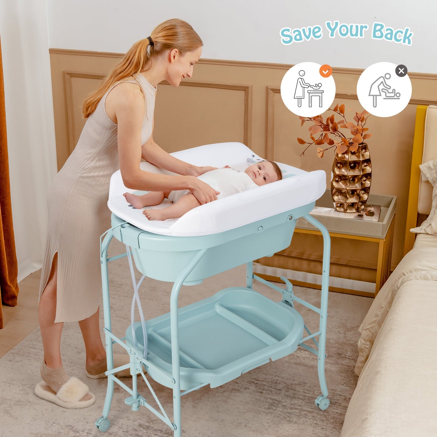 Folding Baby Changing Table with Bathtub - Blue