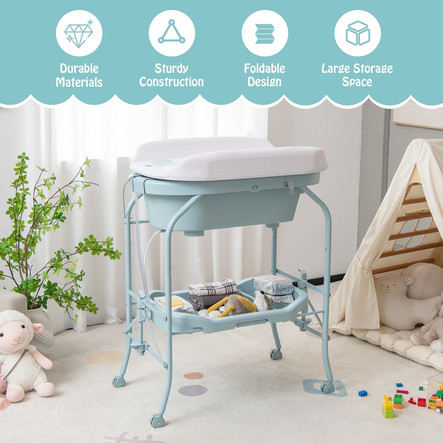 Folding Baby Changing Table with Bathtub - Blue