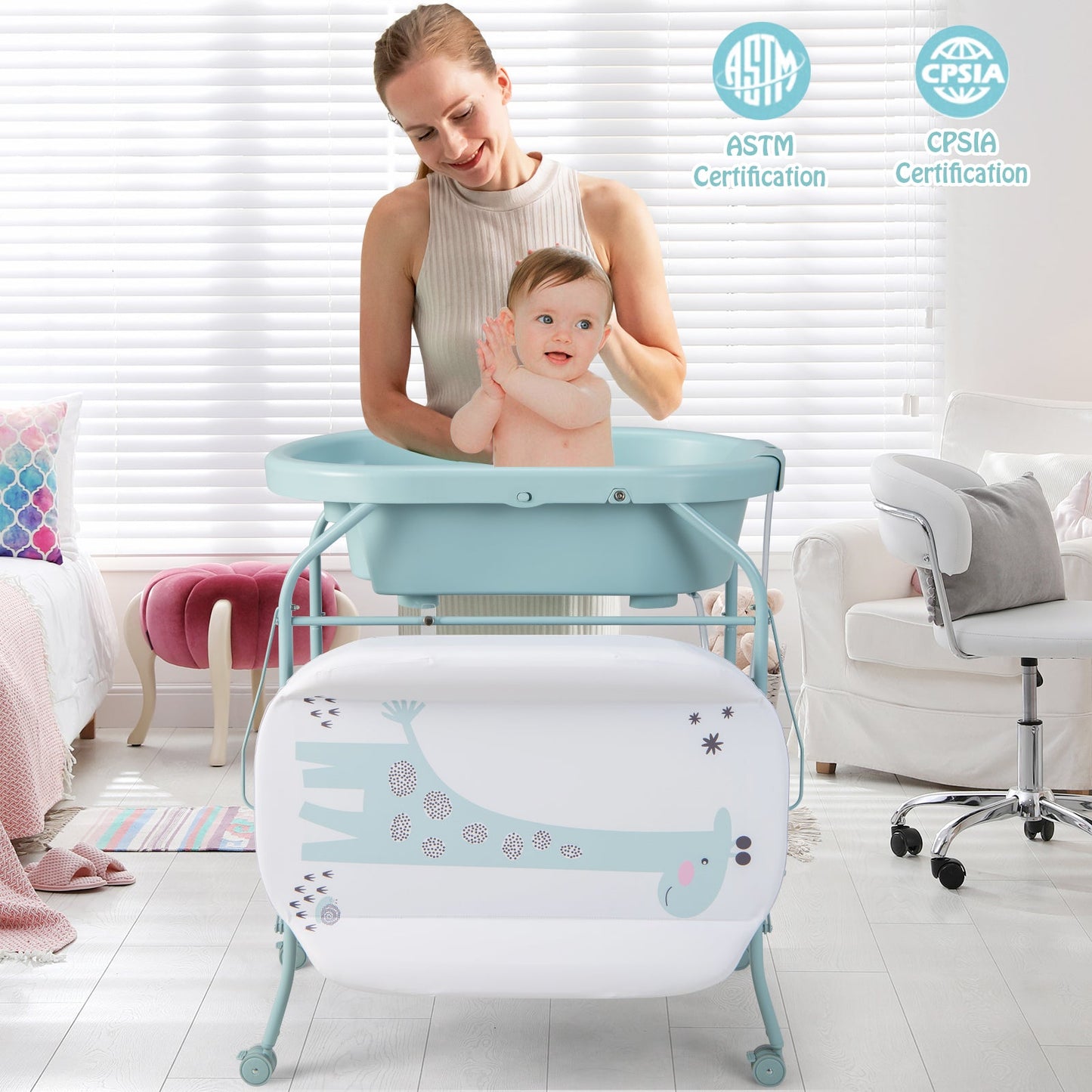 Folding Baby Changing Table with Bathtub - Blue