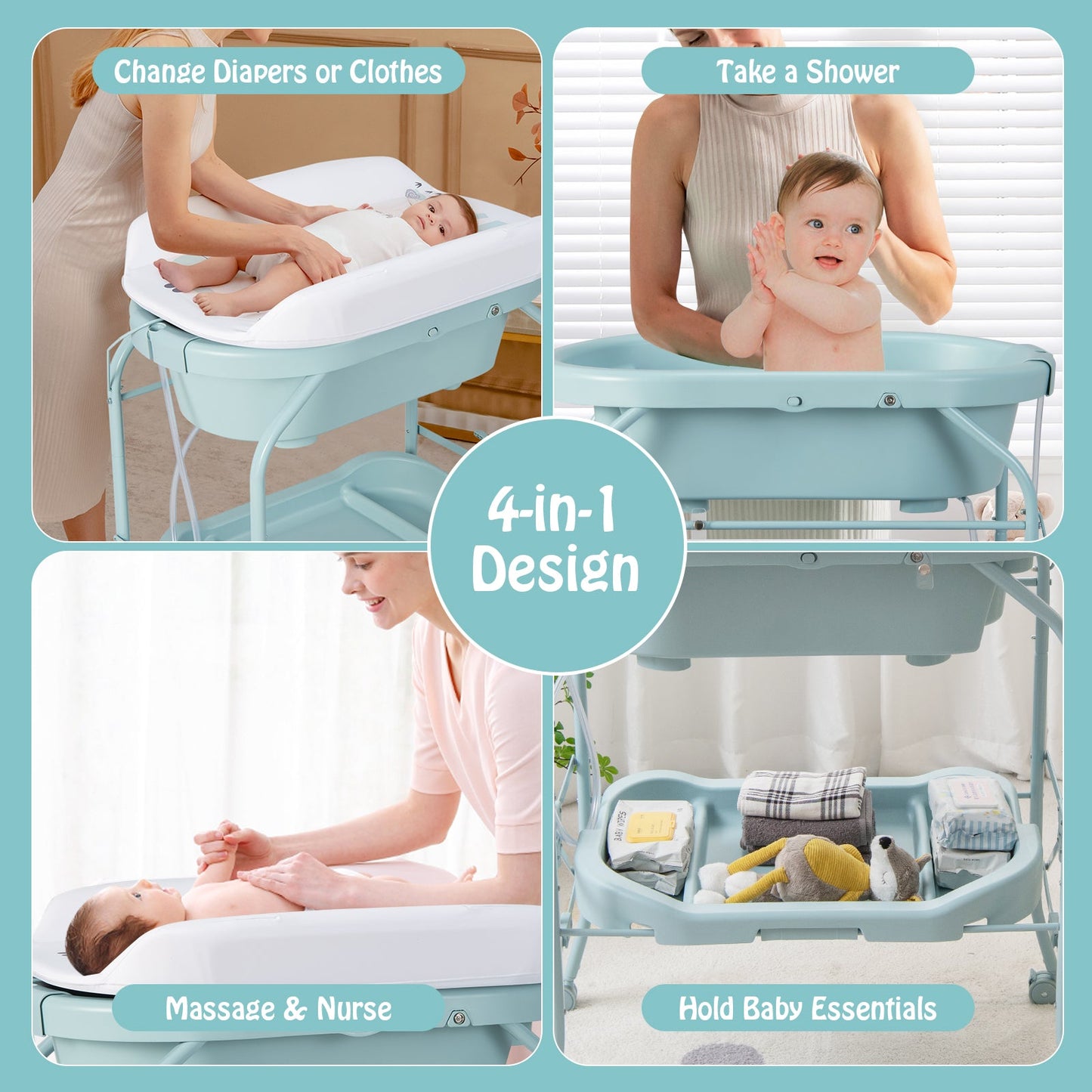 Folding Baby Changing Table with Bathtub - Blue