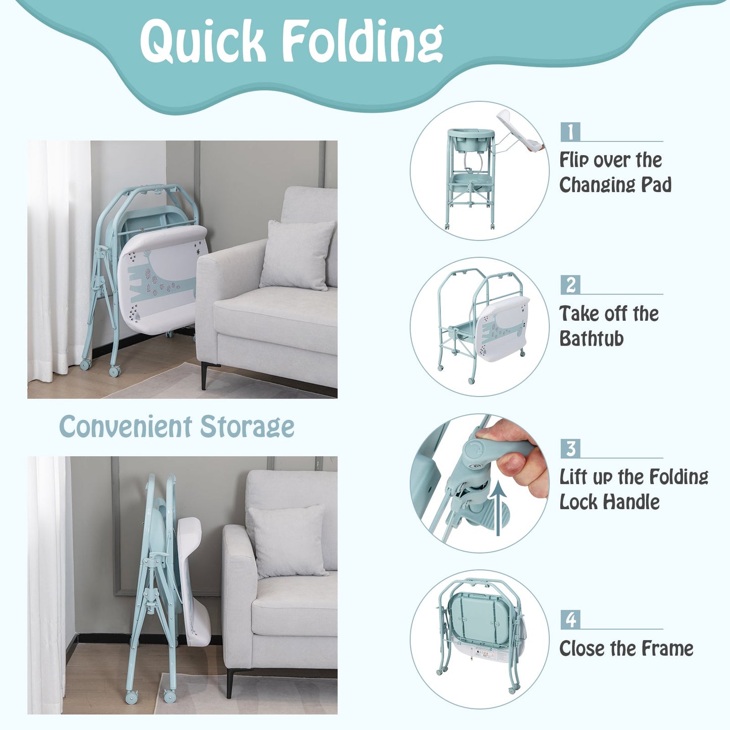 Folding Baby Changing Table with Bathtub - Blue