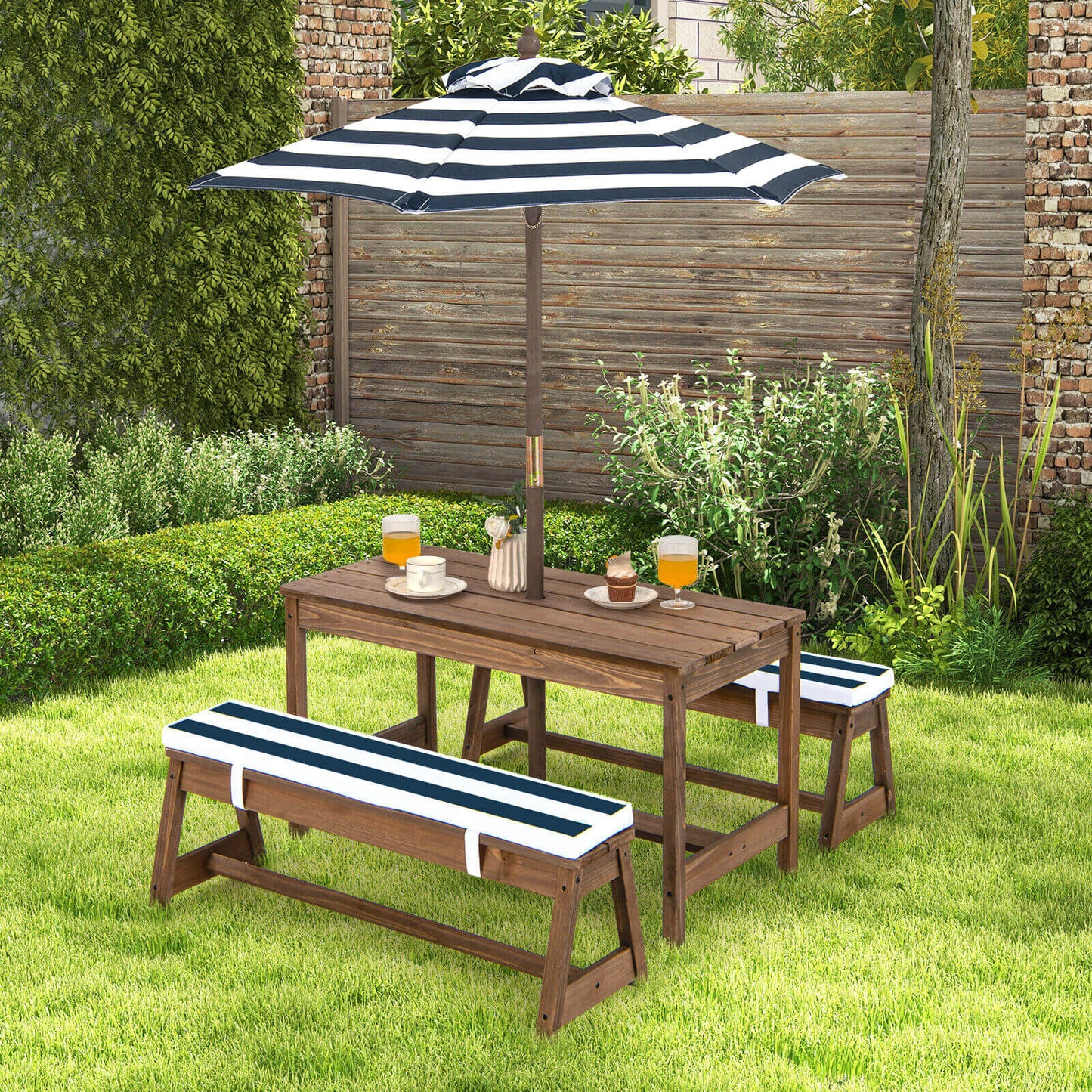 Ensemble de table et bancs de pique-nique pour enfants avec coussins et parasol - Bleu