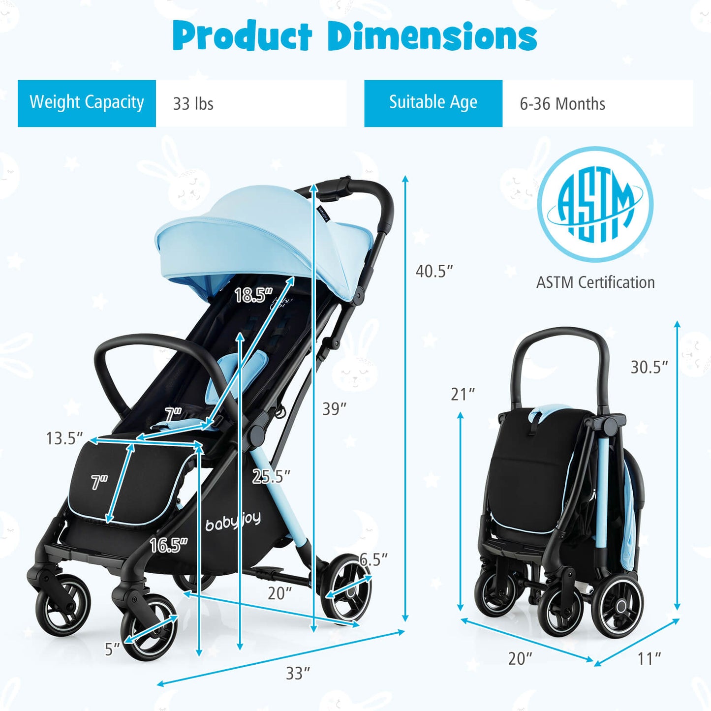 Poussette portable légère pliable à une main - Bleu