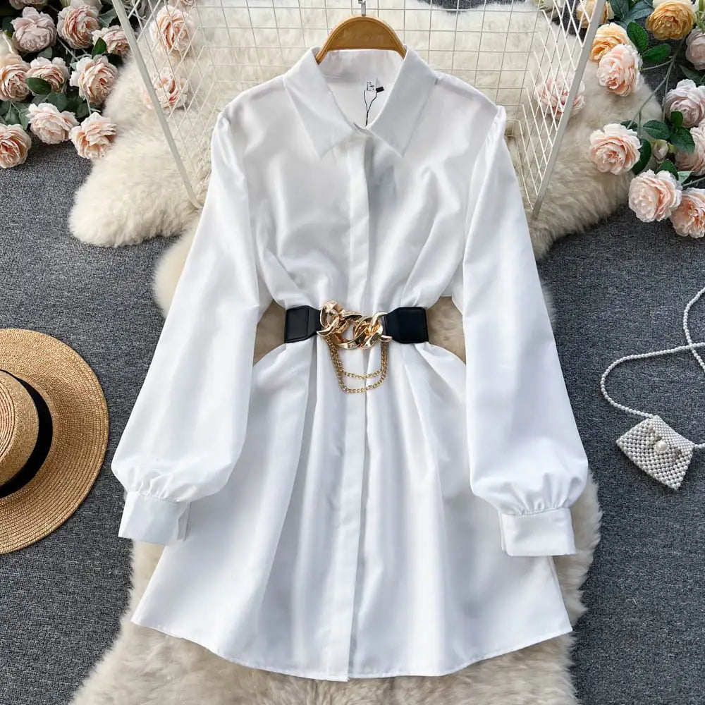 Vestido Camisa Blanco con Hebilla de Metal