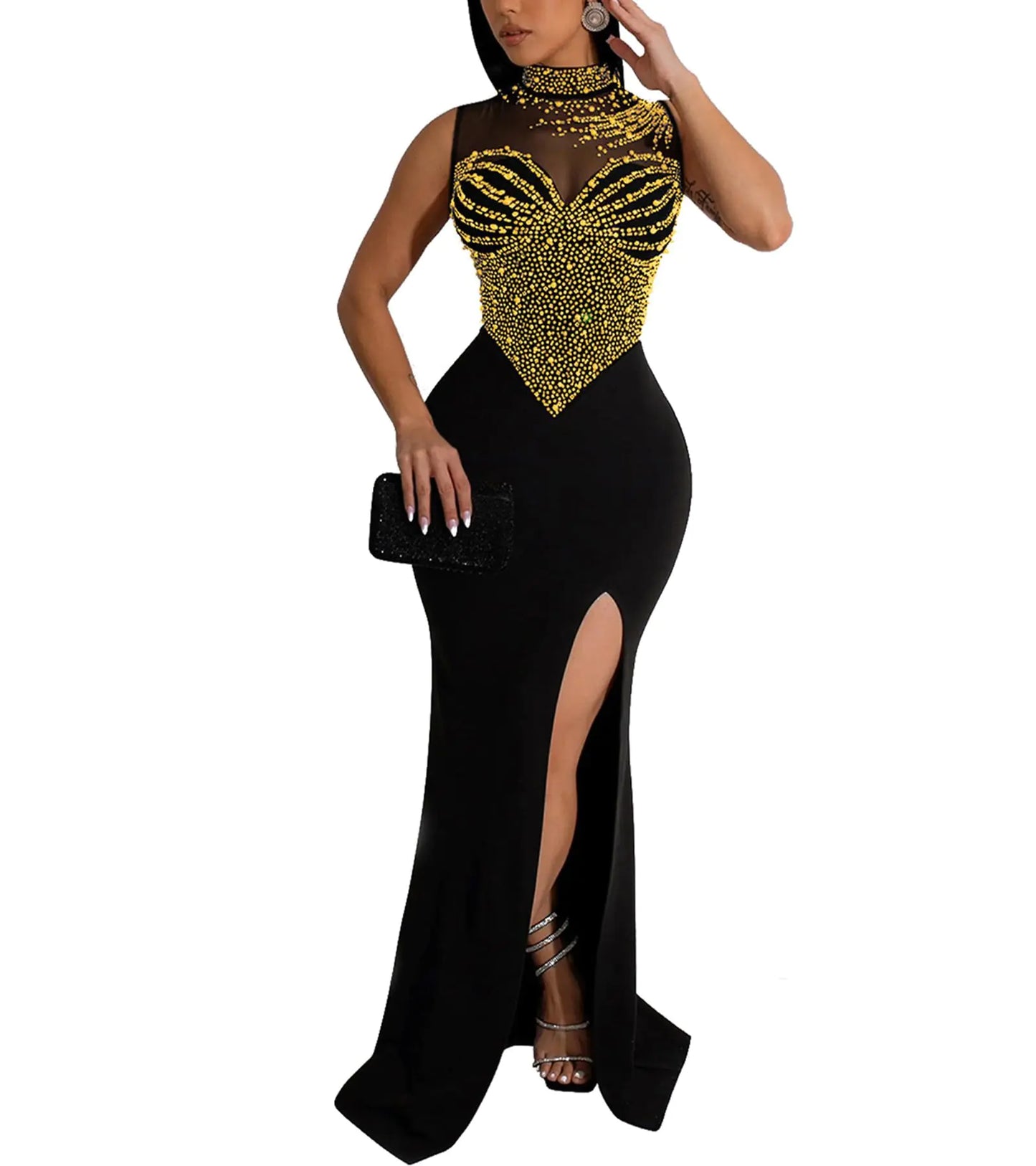 Vestido Maxi Bodycon de Malla con Rhinestones Elegante para Mujeres