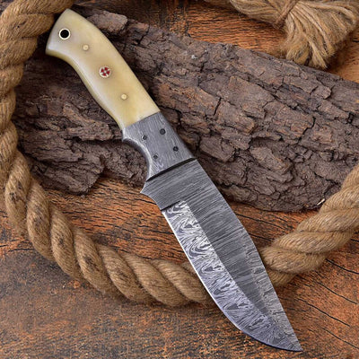 Whitetail Warrior - Premium Custom Damascus Steel Hunting Knife with Bone Grip - Korvel