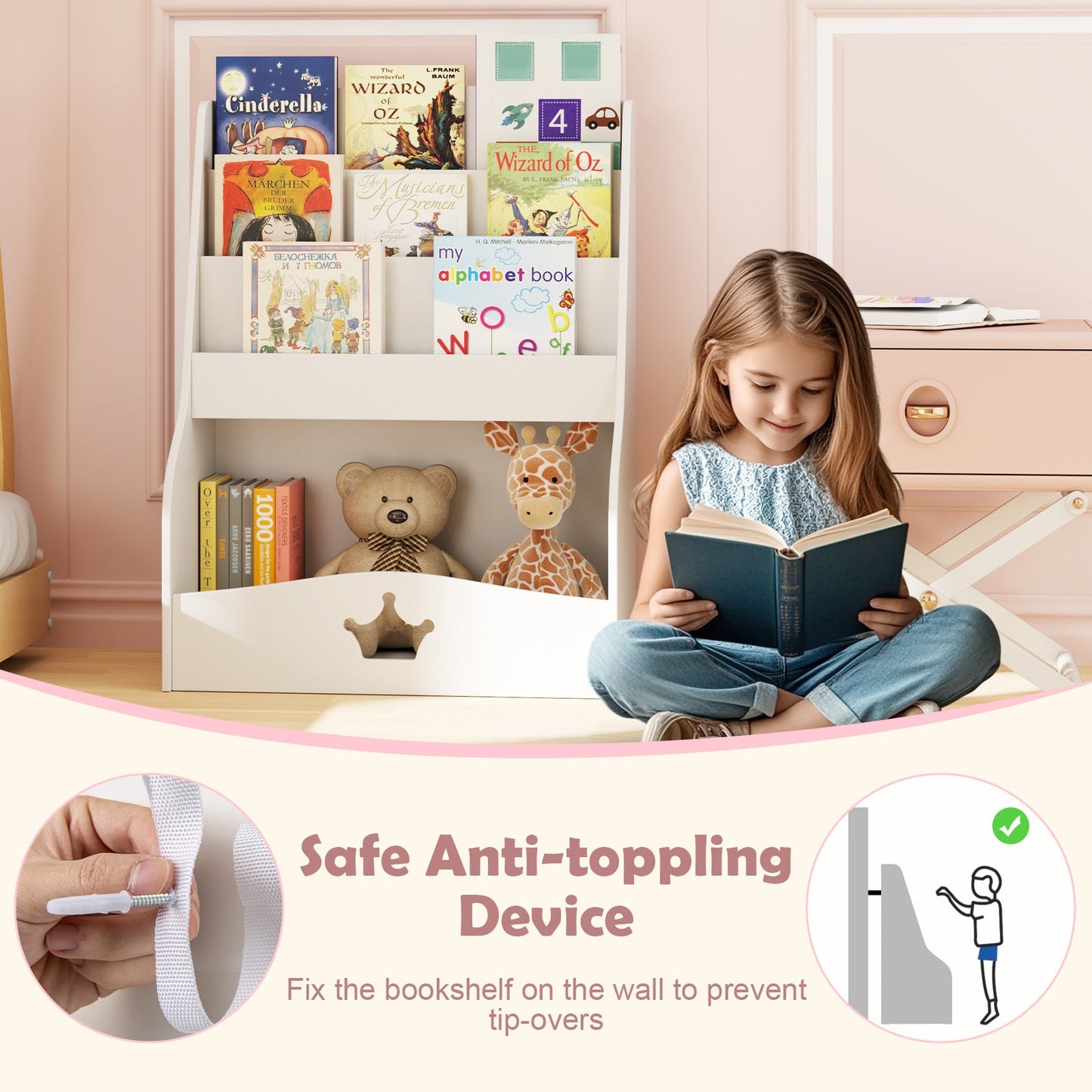 Estantería para Niños de 4 Niveles con Compartimento de Almacenamiento - Blanca