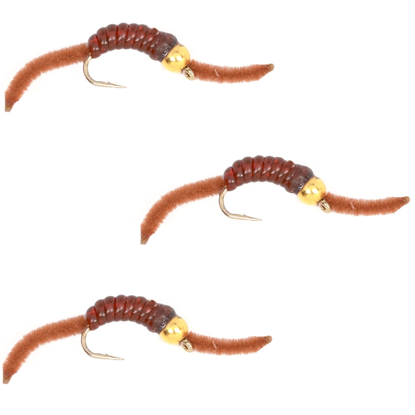 3 Pack San Juan Bead Head Power Worms - Size 14 Hook, Brown V-Rib - Korvel