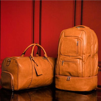 Elegant Brown Tumbled Leather Travel Bag Set