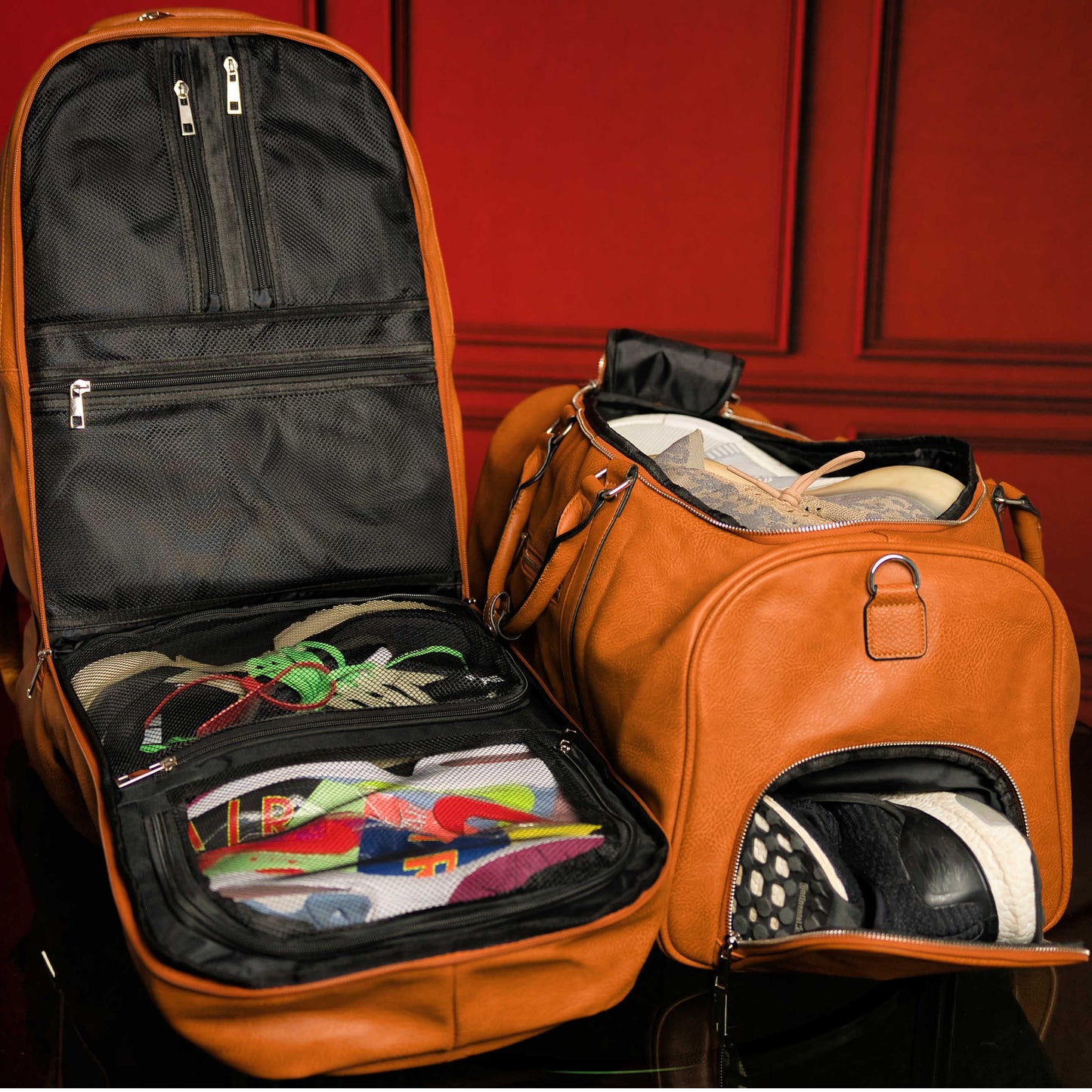 Elegant Brown Tumbled Leather Travel Bag Set (Backpack & Duffle) - Korvel