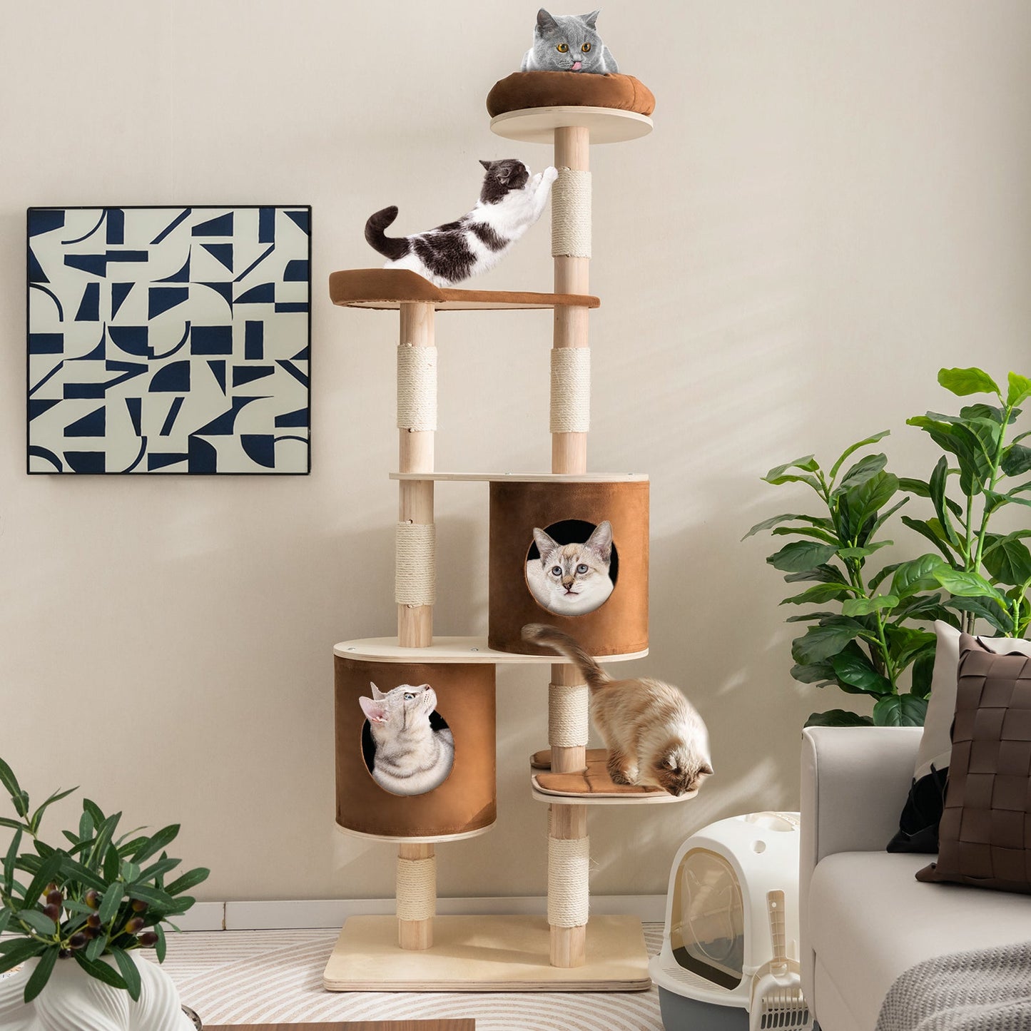 Arbre à chat en bois à 6 niveaux avec condos amovibles - Brun