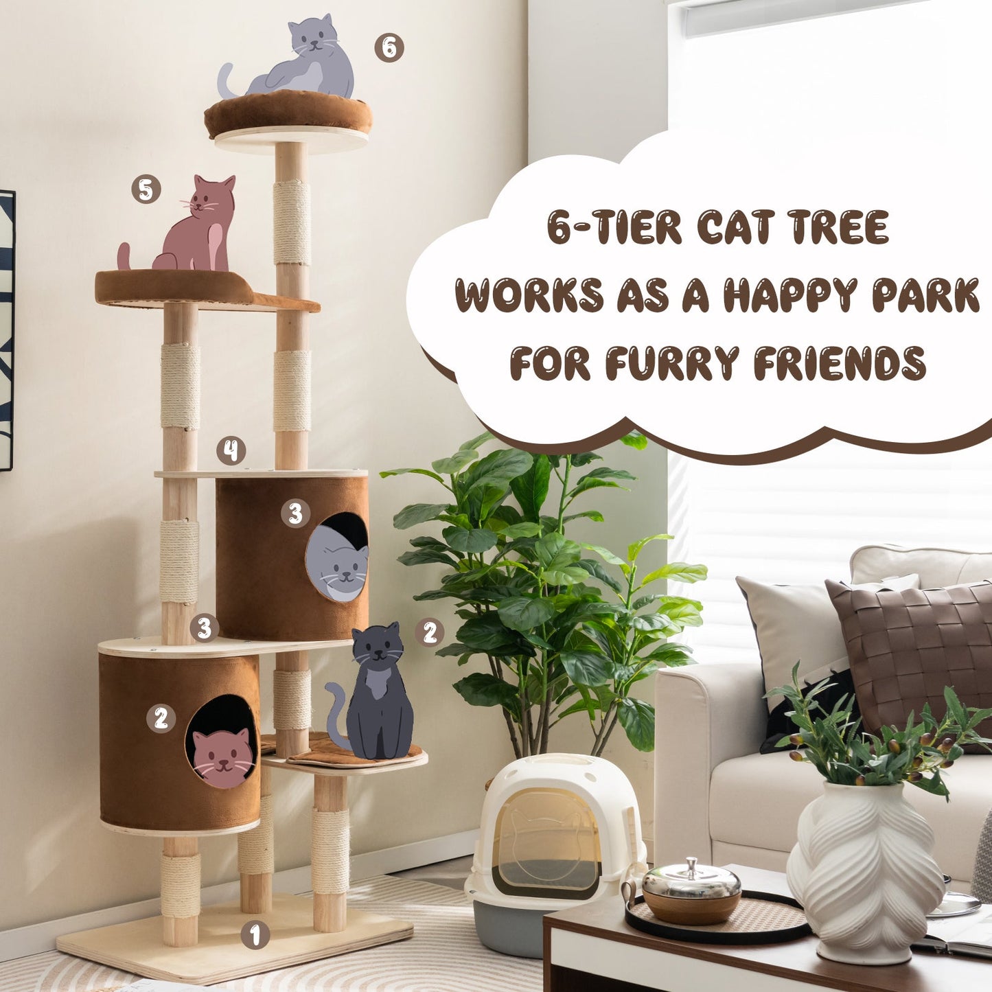 Arbre à chat en bois à 6 niveaux avec condos amovibles - Brun