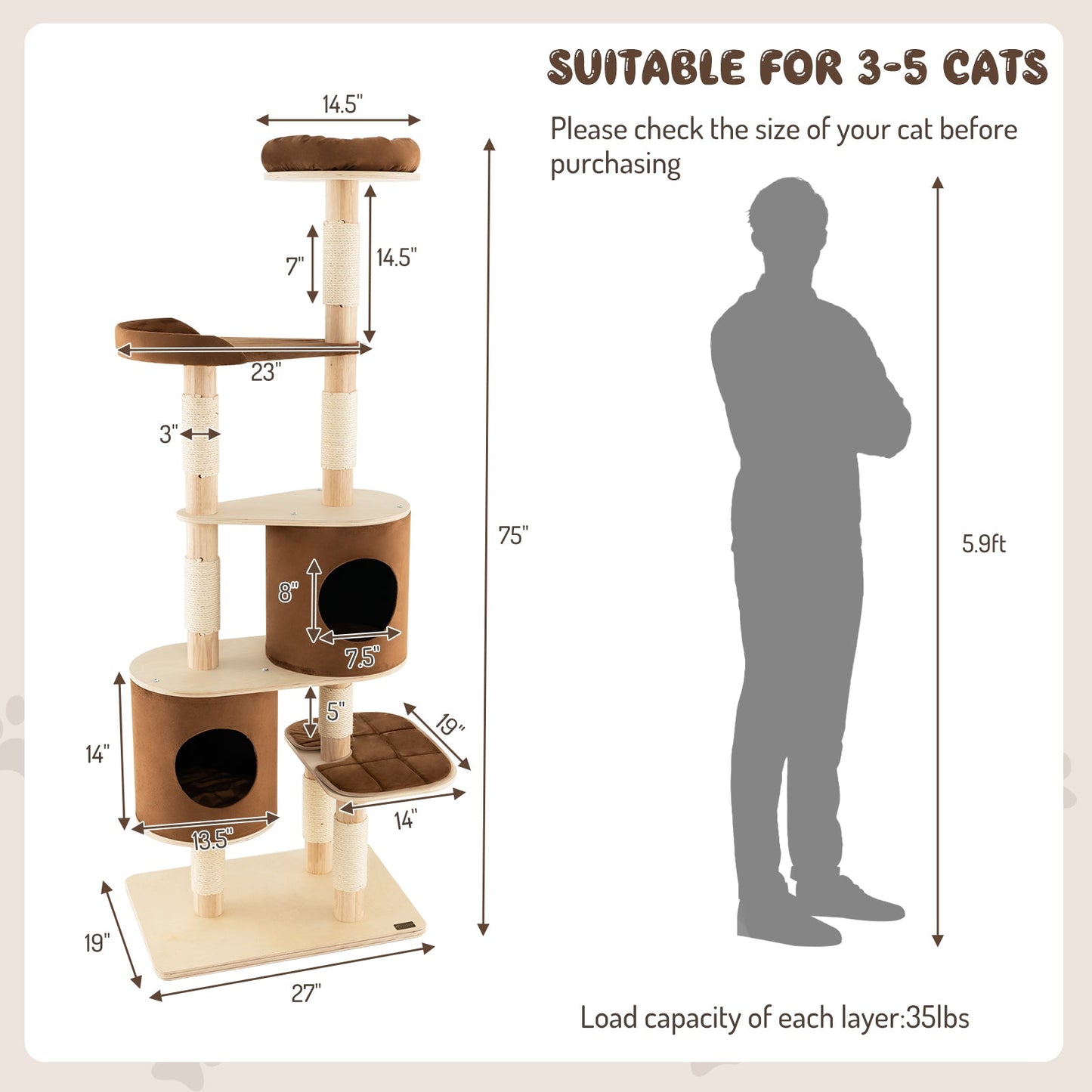 Arbre à chat en bois à 6 niveaux avec condos amovibles - Brun