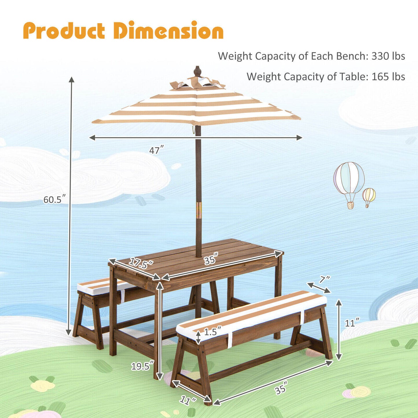 Kids Picnic Table and Bench Set with Cushions and Adjustable Umbrella