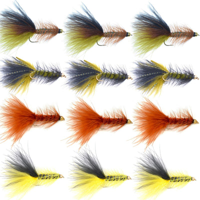Premium Bead Head Woolly Bugger Streamer Flies - 12 Pack for Bass & Trout - Size 4 - Korvel