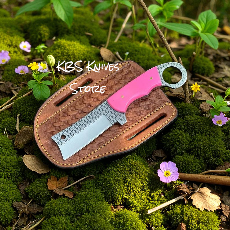 Elegant Bull Cutter Knife for Women – Pink Handle & Leather Sheath, 8.25" Blade - Korvel