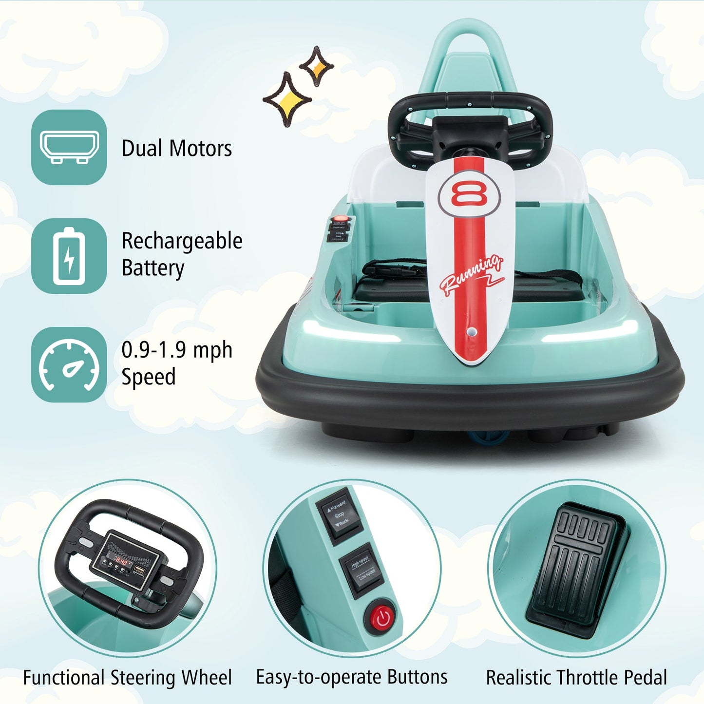 Voiture à bumper pour enfants 6V avec rotation à 360° - Vert