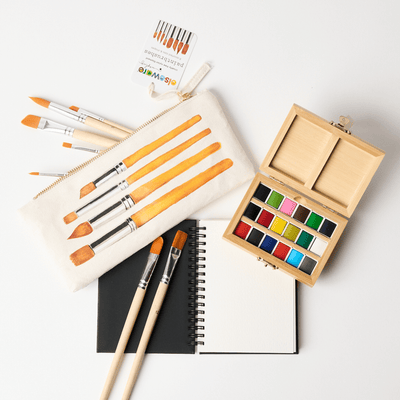 Set de voyage aquarelle avec étui en bambou et pinceaux