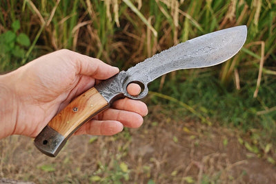 Handcrafted 12" Bushcraft Kukri Knife with Damascus Blade & Olivewood Grip - Korvel
