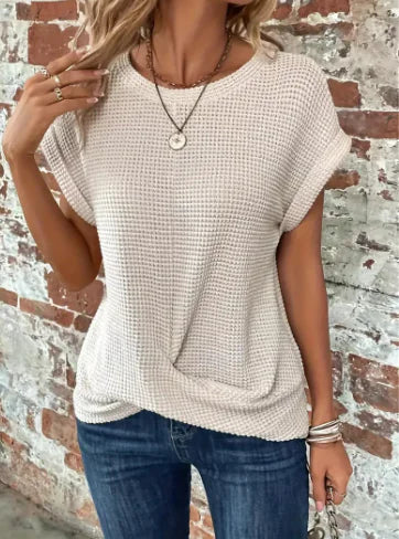 Camiseta de Cuello Redondo de Waffle Sólido de Verano Chic y Cómoda
