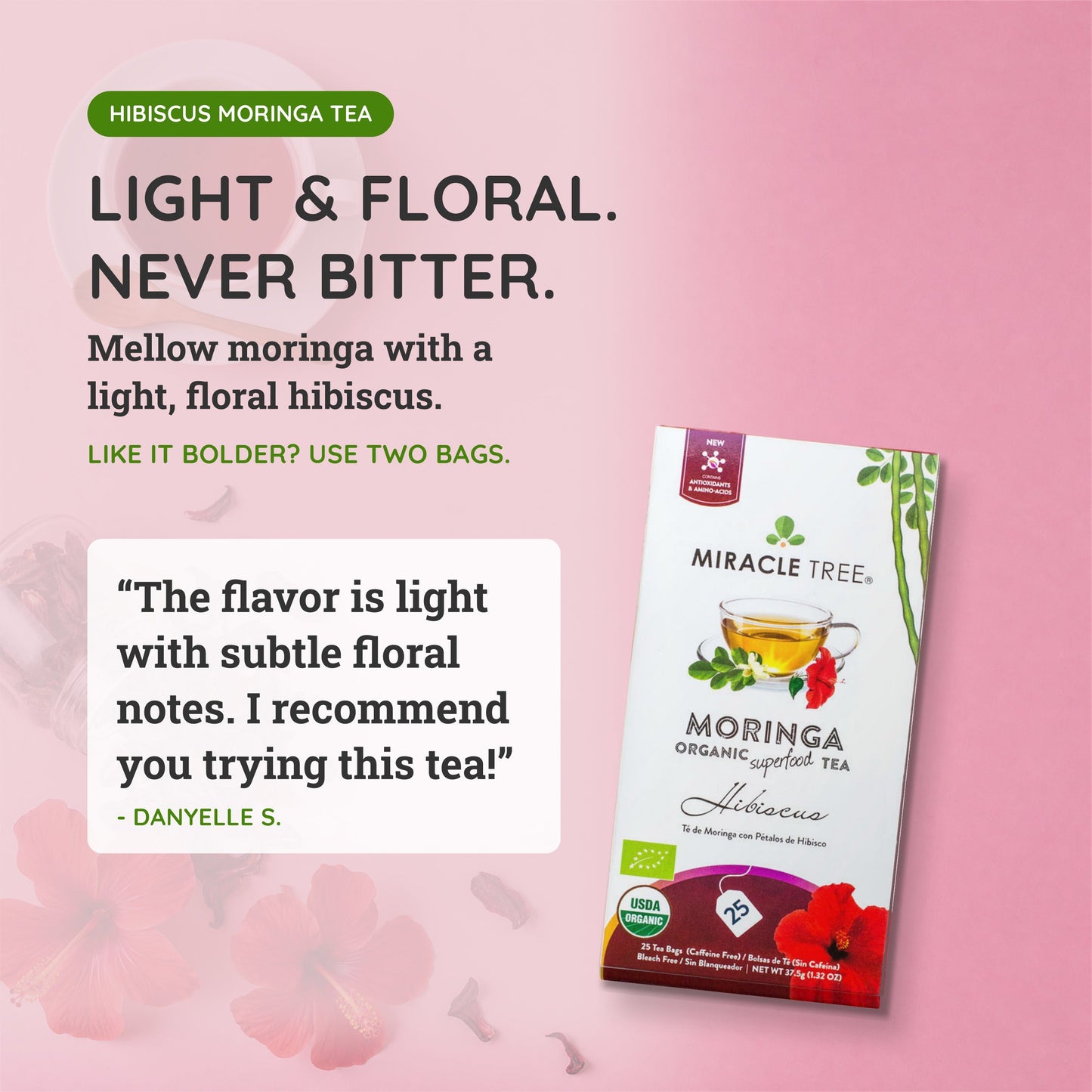 Thé biologique de Moringa et d'Hibiscus - 25 sachets emballés