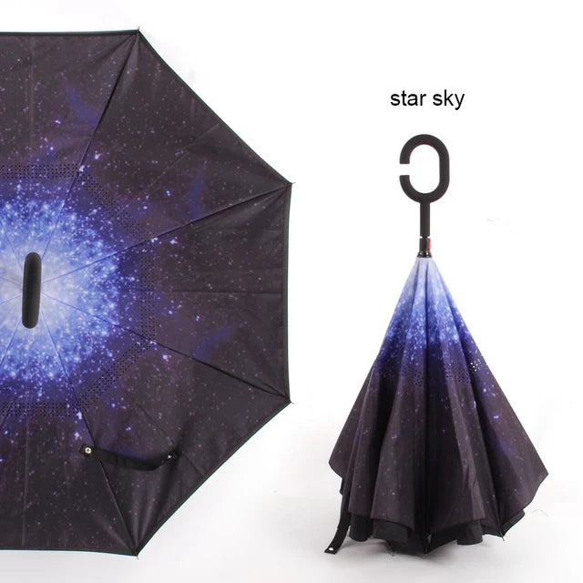 C Handle Windproof Reverse Folding Umbrella Man Women Sun Rain Car Inverted Umbrellas - Korvel