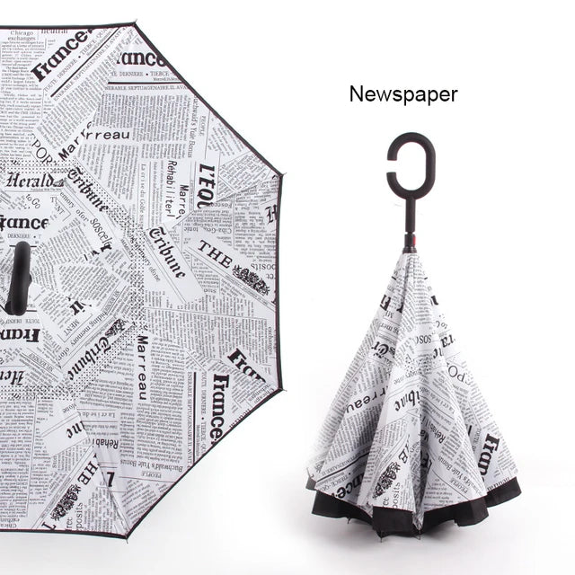 C Handle Windproof Reverse Folding Umbrella Man Women Sun Rain Car Inverted Umbrellas - Korvel