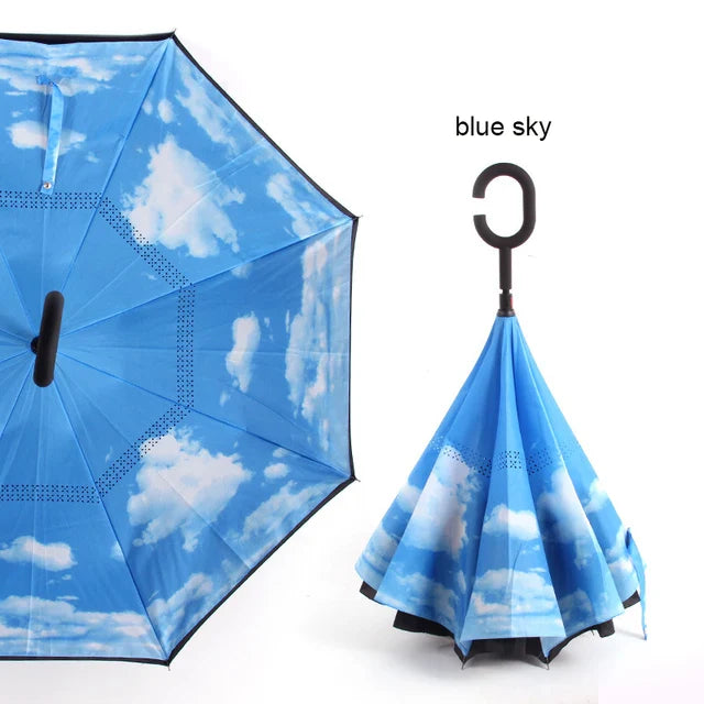 C Handle Windproof Reverse Folding Umbrella Man Women Sun Rain Car Inverted Umbrellas - Korvel