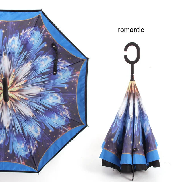 C Handle Windproof Reverse Folding Umbrella Man Women Sun Rain Car Inverted Umbrellas - Korvel