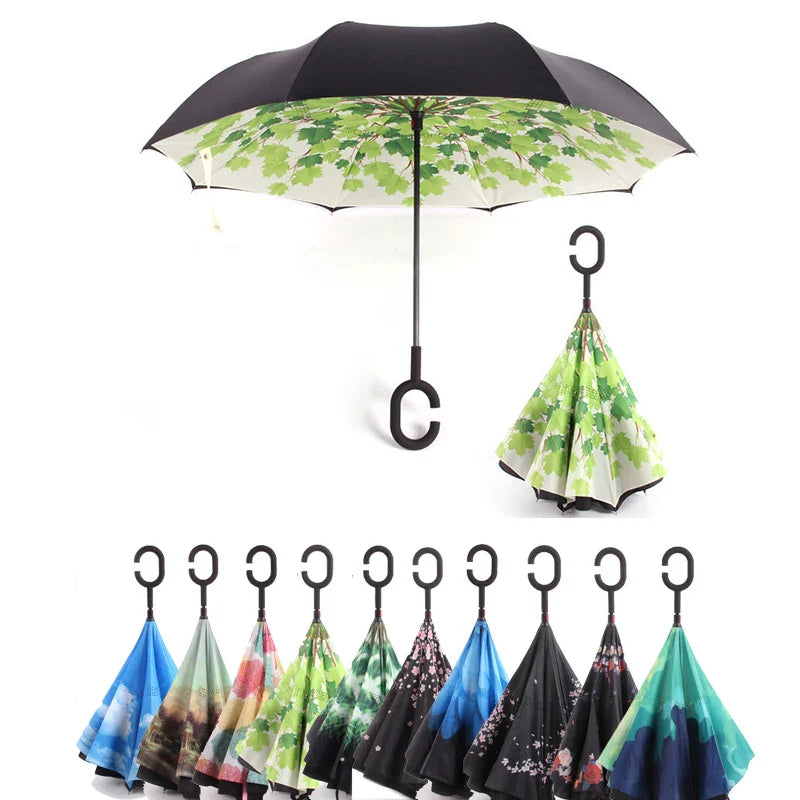 C Handle Windproof Reverse Folding Umbrella Man Women Sun Rain Car Inverted Umbrellas - Korvel