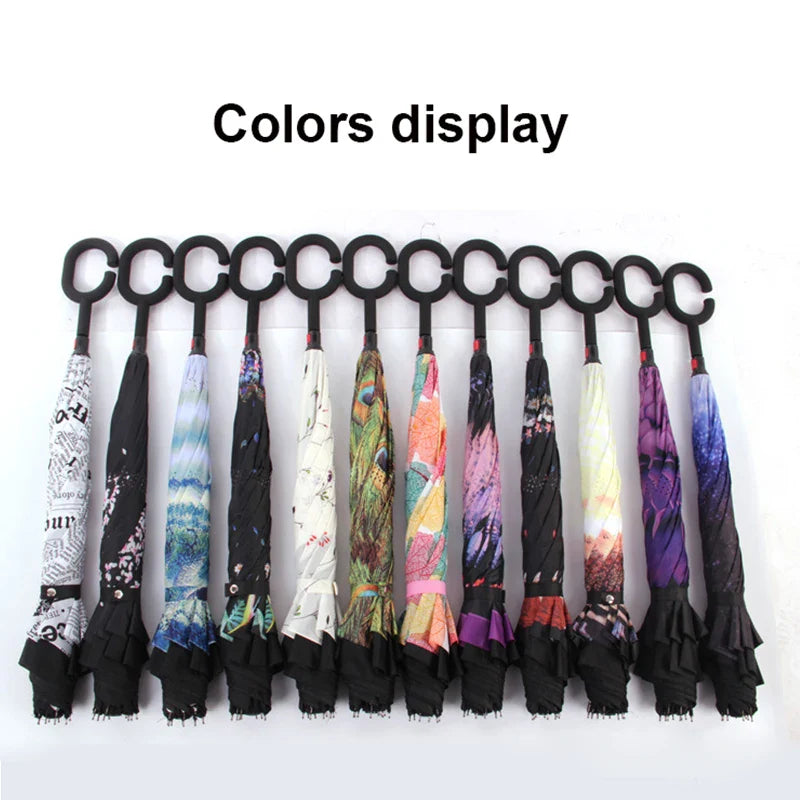 C Handle Windproof Reverse Folding Umbrella Man Women Sun Rain Car Inverted Umbrellas - Korvel